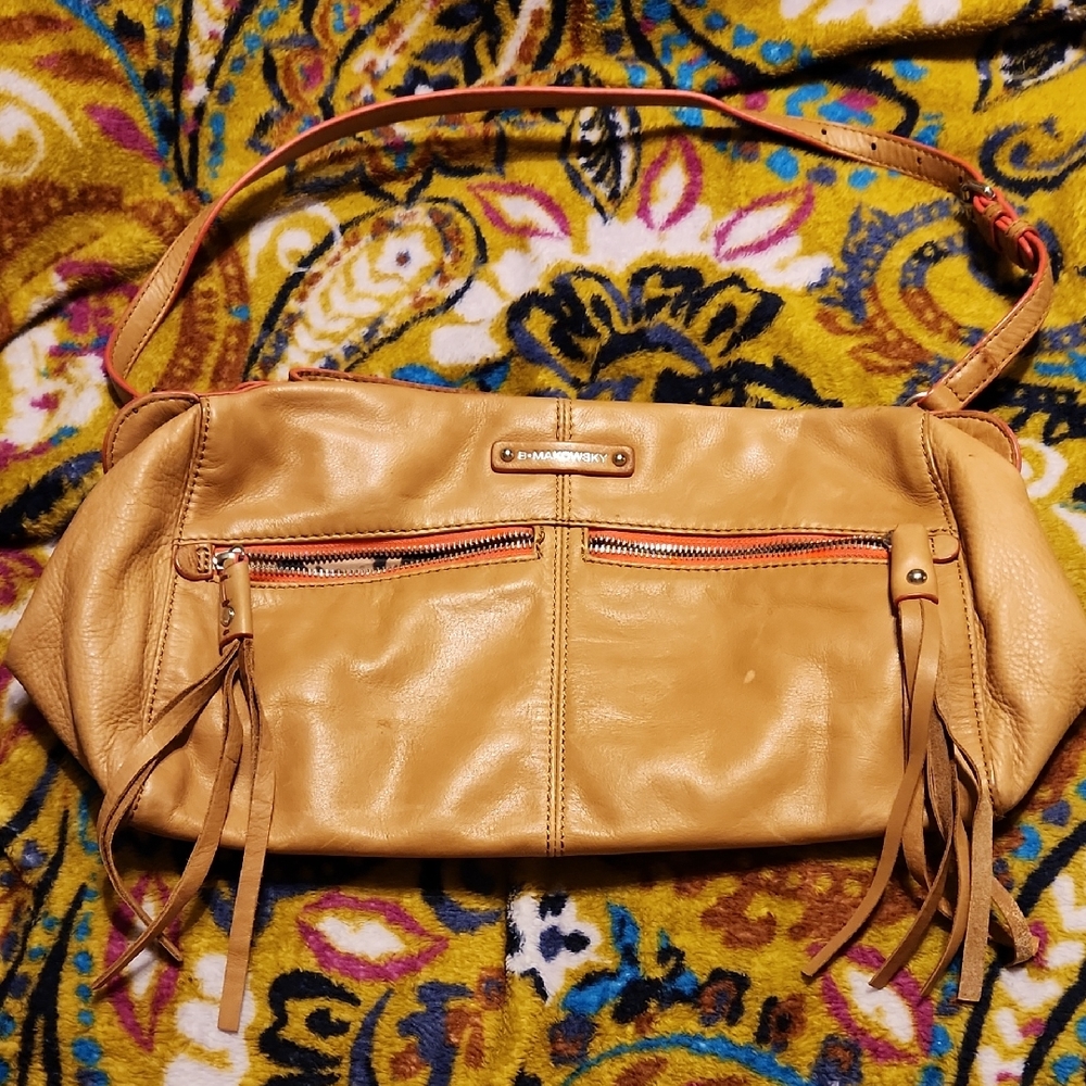 B. Makowsky Orange and Tan Leather Shoulder Bag
